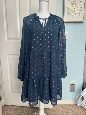 Blu Pepper Women’s Navy Blue Long Sleeve Tiered Dress with Gold Dot Accents